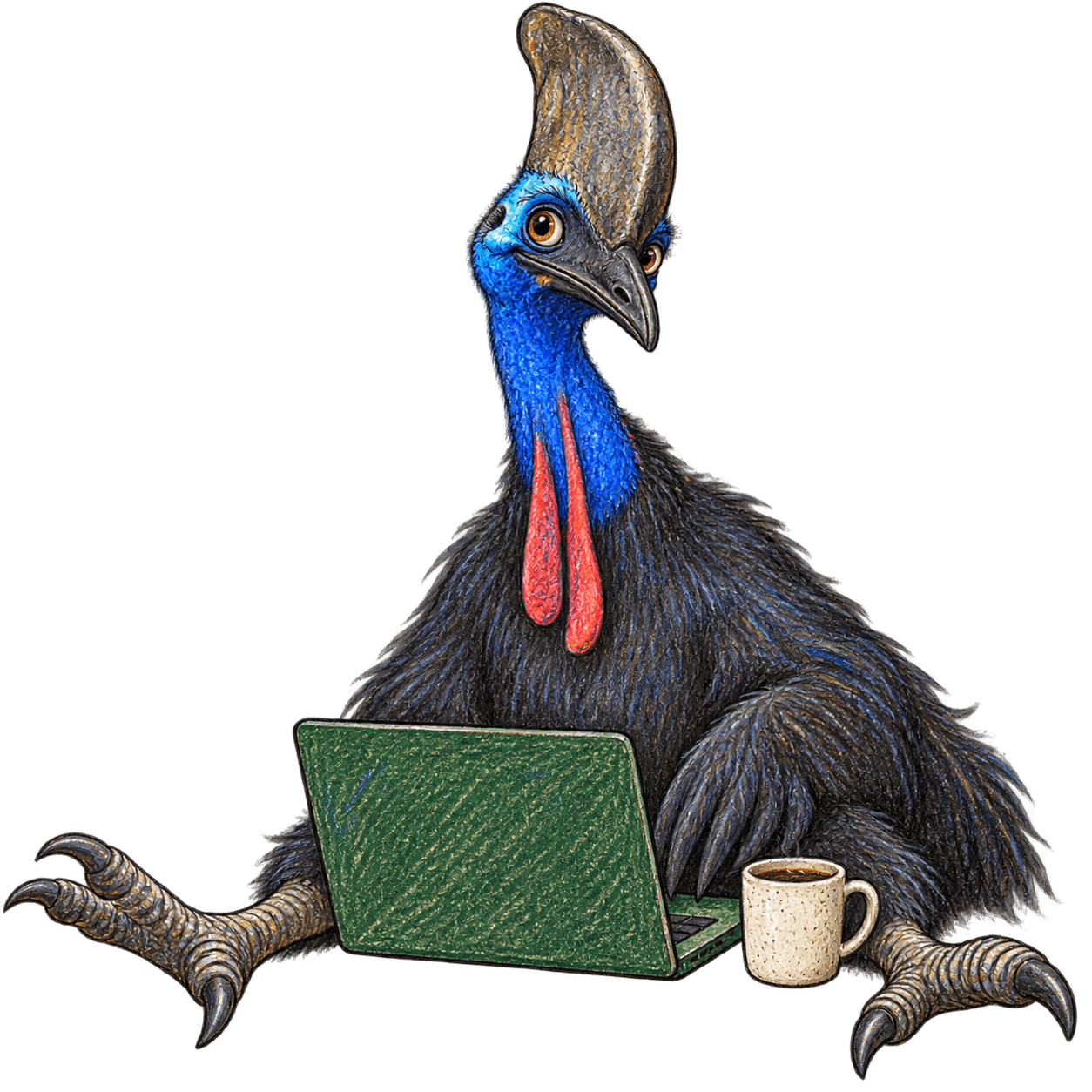 A hand-drawn blue and black Cassowary seated at a forest green laptop with coffee